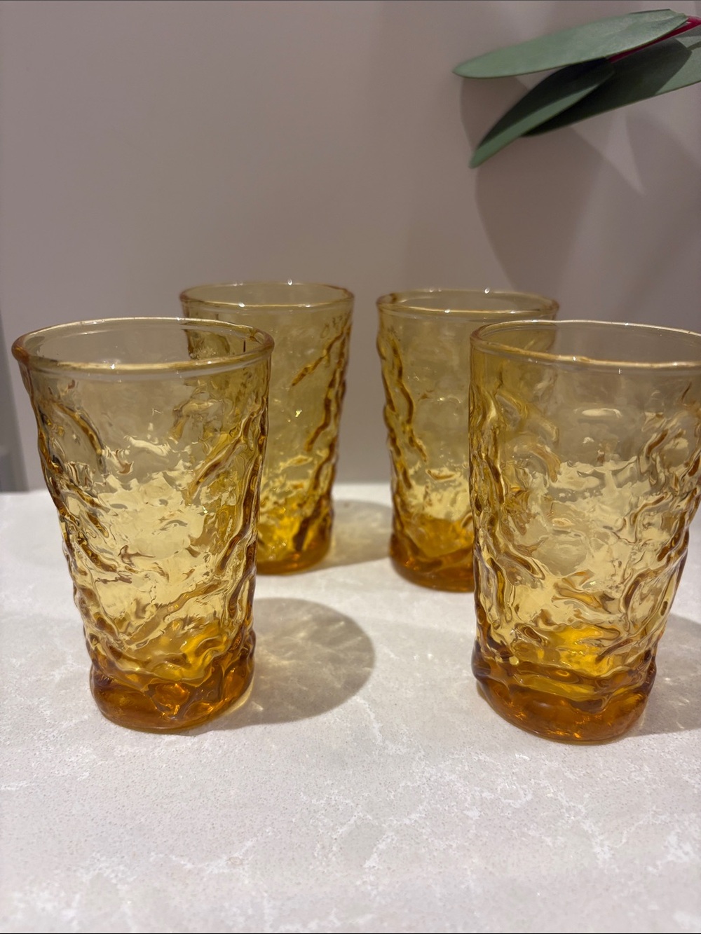 Vintage Anchor Hocking Milano Honey Gold Juice -Set of 4 MCM Crinkle Glass
